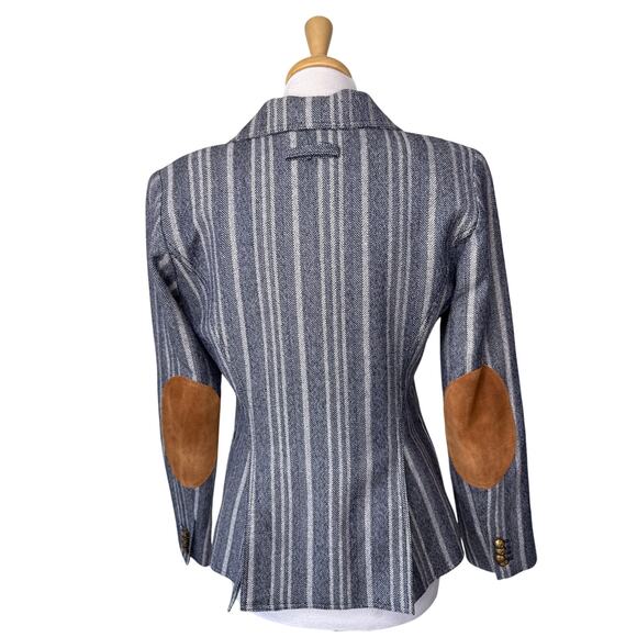 SMYTHE Duchess Tweed Wool Striped Single Button Suede Elbow Patches Blazer Gray - Picture 3 of 10